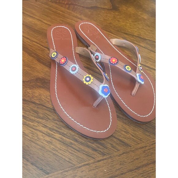 TORY BURCH Margierite Leather Flower Accents Flip Flop  Flat Thongs Sandals sz 6 - Picture 3 of 8